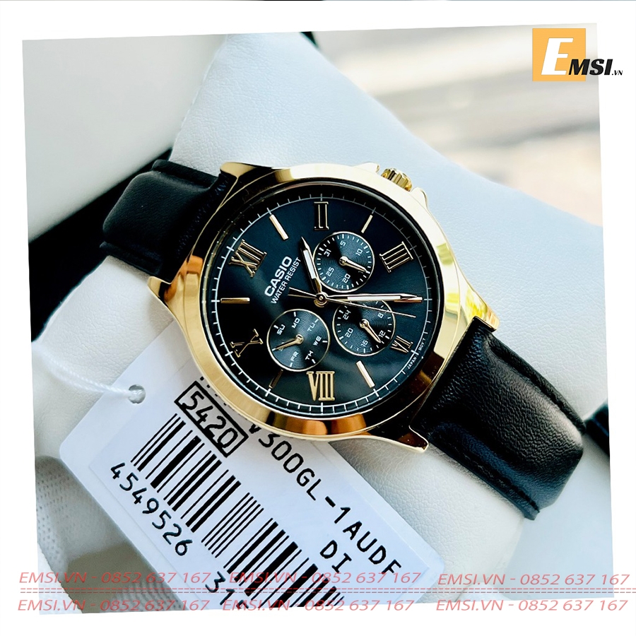 MTP-V300GL-1AUDF | Đồng Hồ Casio | Nam | Dây Da | Viền Mạ Vàng | Nhiều Kim | Chống Nước - Emsi.vn