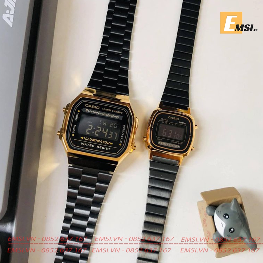 CASIO DIGITAL UNISEX cặp (A168WEGB-1BDF - LA670WEGB-1BDF) QUARTZ (PIN) dây kim loại - Chính Hãng