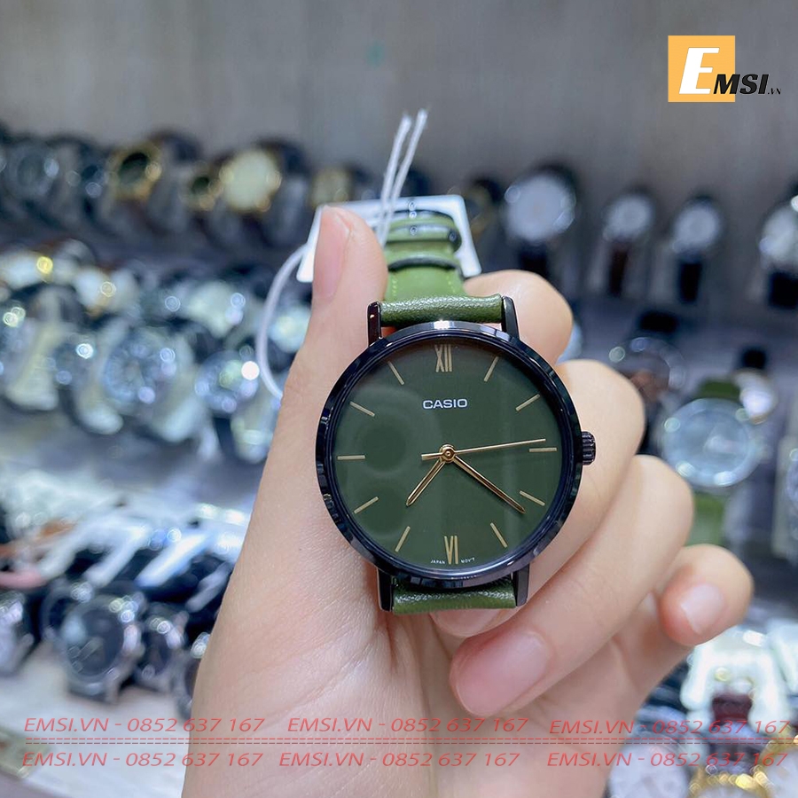LTP-VT02BL-3A | Đồng Hồ Casio | Nữ | 3 Kim | Dây Da Màu Xanh | Vỏ Mạ Ion Đen | Chống Nước