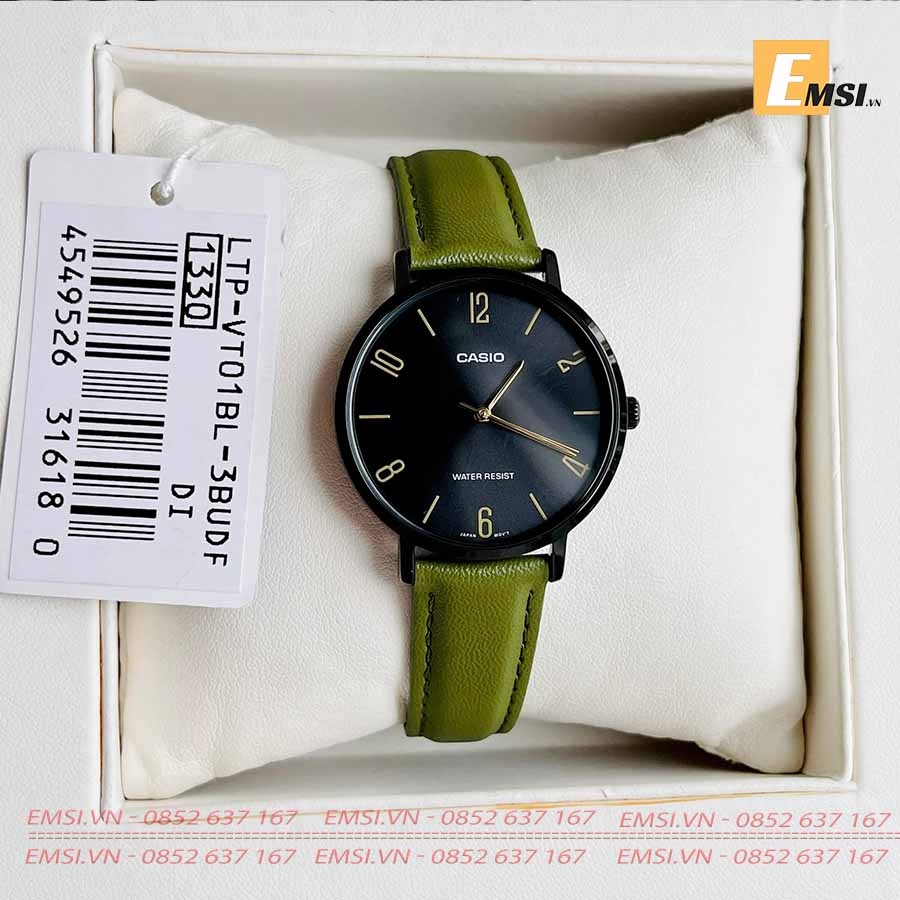 LTP-VT01BL-3B | Đồng Hồ Casio | Nữ | Dây Da Màu Xanh | Vỏ Mạ Ion Màu Đen | Chống Nước - Emsi.vn