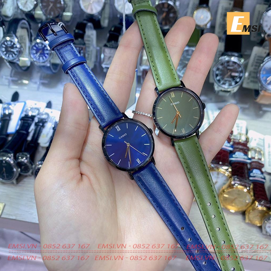 LTP-VT02BL-3A | Đồng Hồ Casio | Nữ | 3 Kim | Dây Da Màu Xanh | Vỏ Mạ Ion Đen | Chống Nước