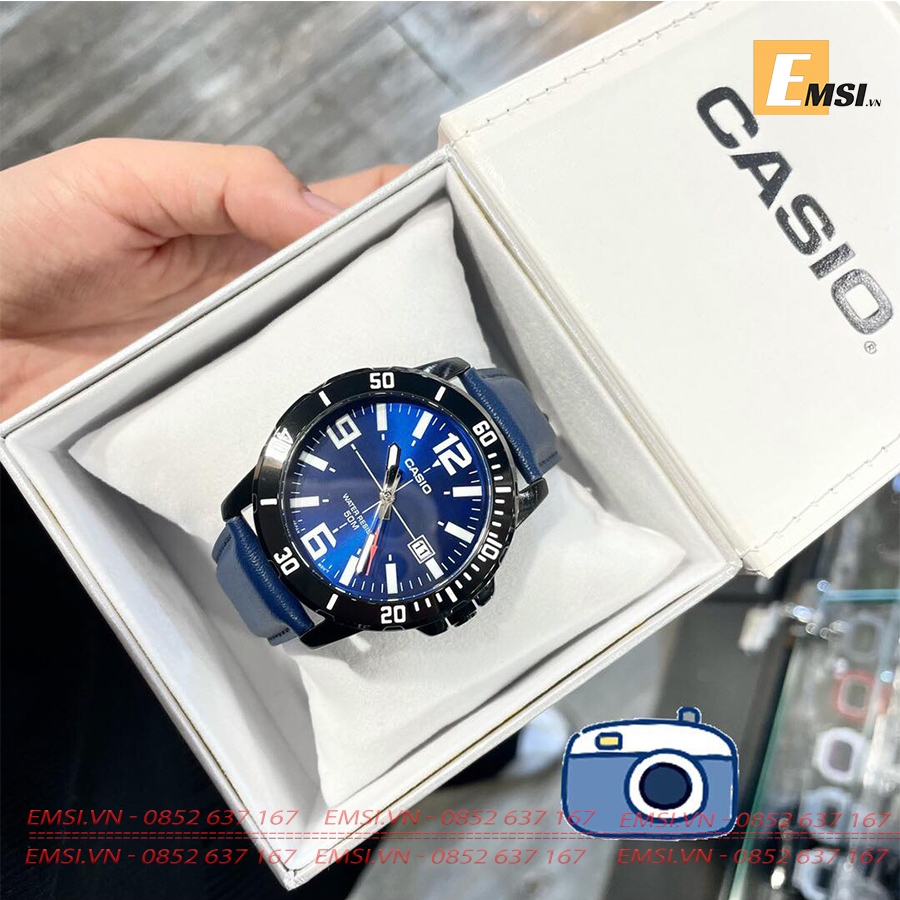 MTP-VD01BL-2BVUDF | Đồng Hồ Casio | Nam | Dây Da Màu Xanh | Vỏ Mạ Ion Đen | Chống Nước WR50M - Emsi.vn