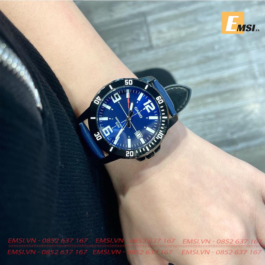 MTP-VD01BL-2BVUDF | Đồng Hồ Casio | Nam | Dây Da Màu Xanh | Vỏ Mạ Ion Đen | Chống Nước WR50M - Emsi.vn