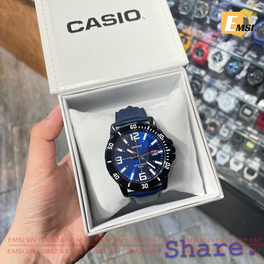 MTP-VD01BL-2BVUDF | Đồng Hồ Casio | Nam | Dây Da Màu Xanh | Vỏ Mạ Ion Đen | Chống Nước WR50M - Emsi.vn