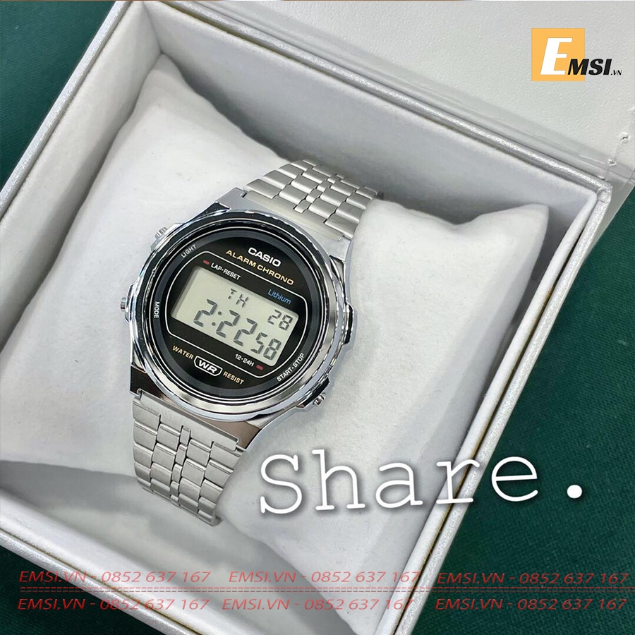 A171WE-1A | Đồng Hồ Casio | Điện Tử Cổ Điển | Dây Kim Loại | Chống Nước | Pin 7 Năm - Emsi.vn