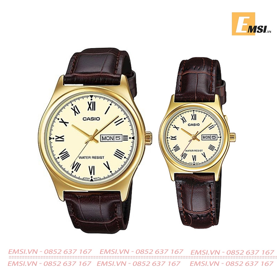 Đồng Hồ Cặp Đôi Casio MTP-V006GL-9B Và LTP-V006GL-9B Dây Da - Mặt tròn màu vàng EMSI.VN