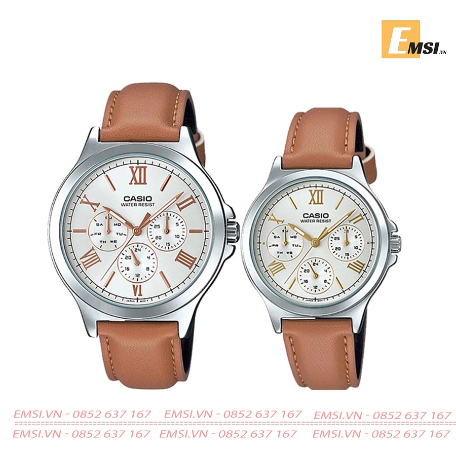 Đồng Hồ Cặp Đôi Casio MTP-V300L-7A2UDF Và LTP-V300L-7A2UDF Dây Da Màu Nâu - Chống Nước - Mặt Số La Mã EMSI.VN