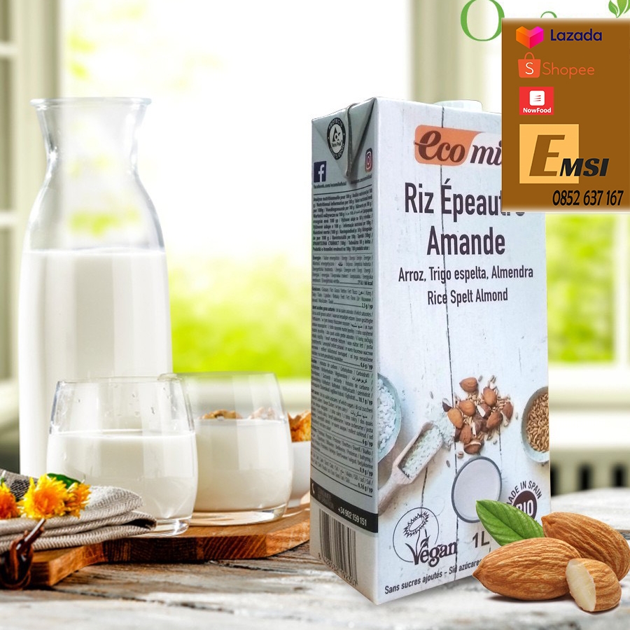 Nước uống từ gạo lúa mì và hạnh nhân không thêm đường hữu cơ 1L - ECOMIL