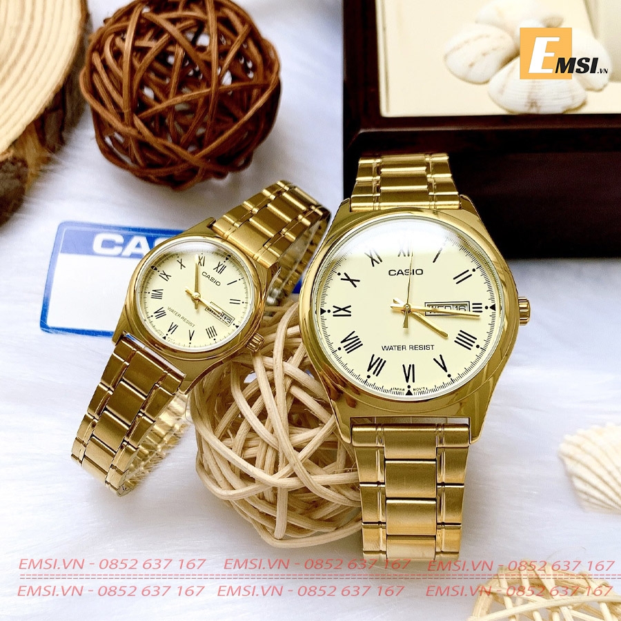 Đồng Hồ Cặp Đôi Casio MTP-V006G-9B và LTP-V006G-9B Dây Kim Loại Mạ Vàng Mặt Số La Mã EMSI.VN