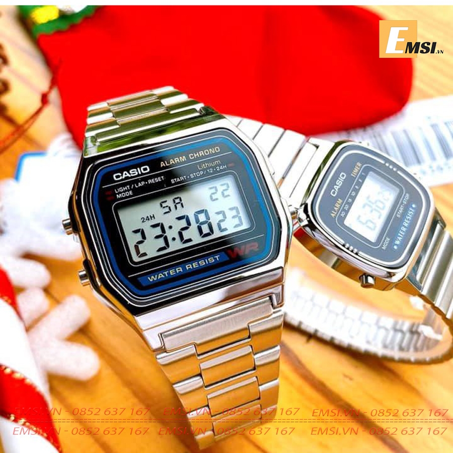 Đồng Hồ Casio Cặp Đôi A158WA-1DF & LA670WA-1DF Dây Kim Loại - Mặt Vuông Điện Tử - Chống Nước EMSI.VN