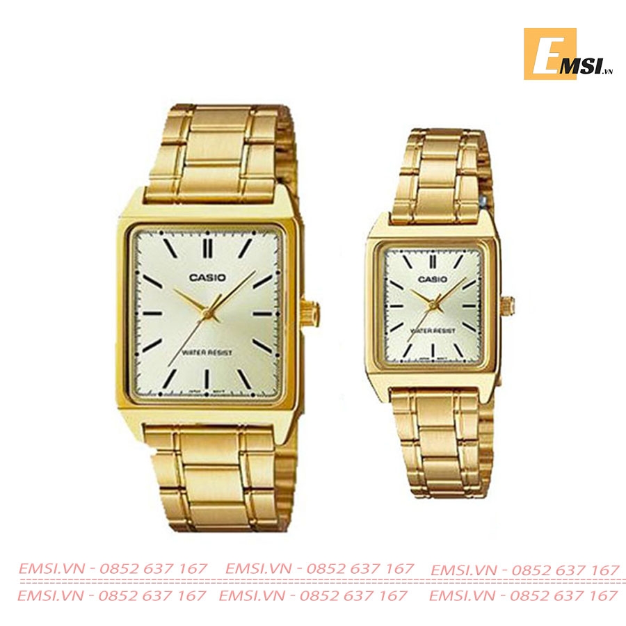 Đồng Hồ Cặp Đôi Casio MTP-V007G-9E và LTP-V007G-9E Dây Kim Loại Mạ Vàng, Size mặt Nam 29mm & 22mm EMSI.VN