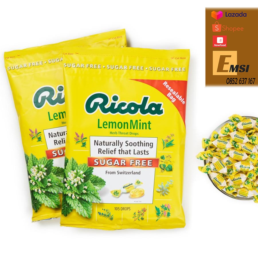 Kẹo ngậm trị ho Ricola Lemon Mint Sugar Free 105 Drops từ thảo mộc