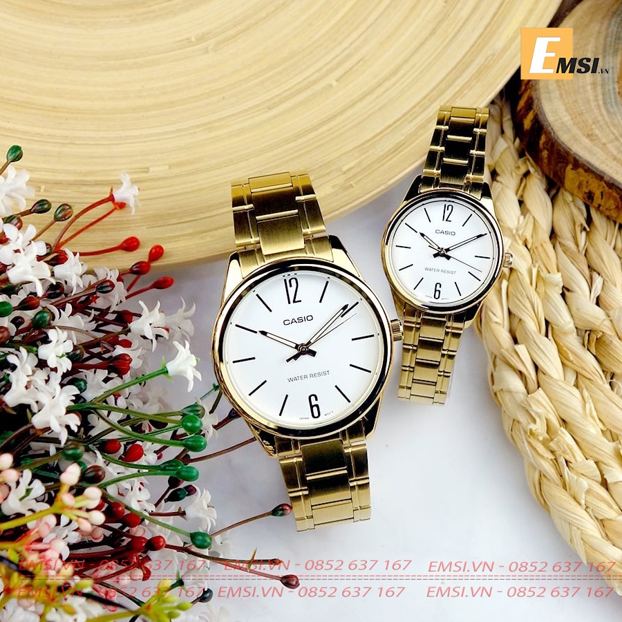 Đồng Hồ Casio Cặp Đôi MTP-V005G-7BUDF & LTP-V005G-7BUDF Dây Kim Loại Mạ Vàng - Chống Nước EMSI.VN