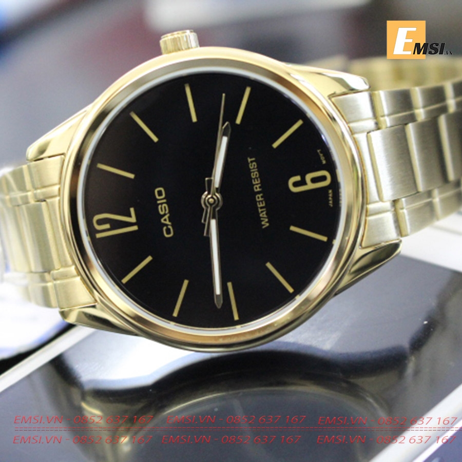 Đồng Hồ Cặp Đôi Casio MTP-V005G-1BUDF Và LTP-V005G-1BUDF Dây Kim Loại Mạ Vàng - Nền Mặt Màu Đen EMSI.VN
