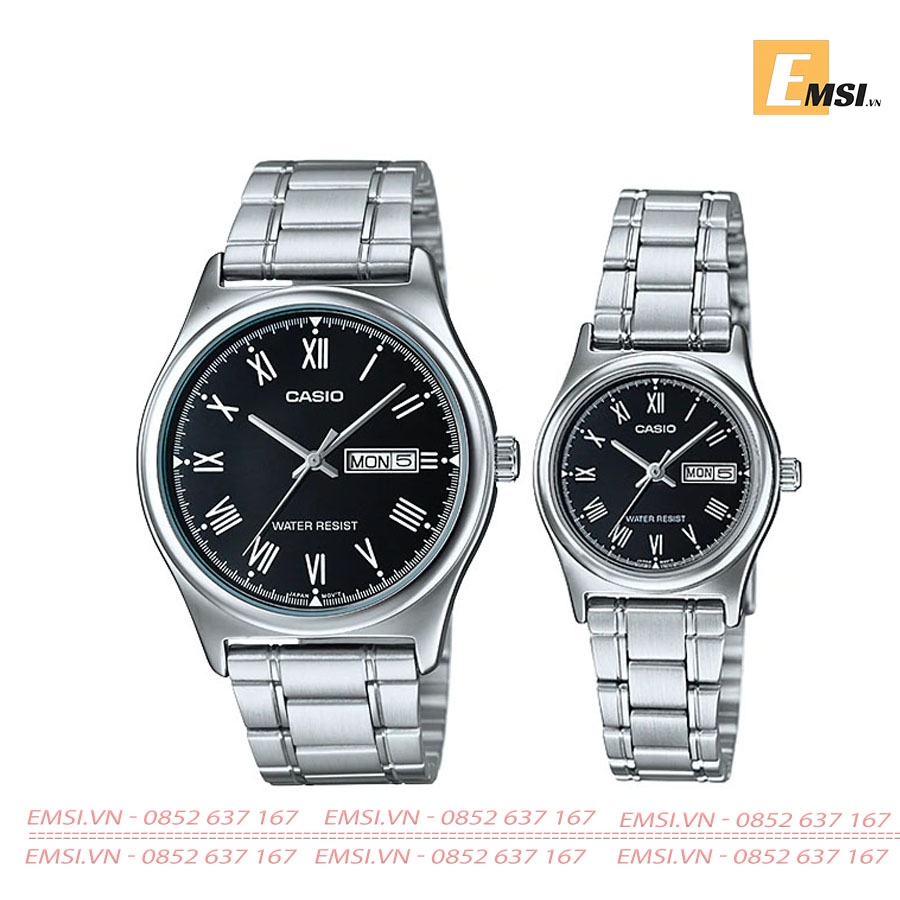 Đồng Hồ Casio Cặp Đôi MTP-V006D-1B & LTP-V006D-1B Dây Kim Loại, Size mặt Nam 38mm & 25mm EMSI.VN