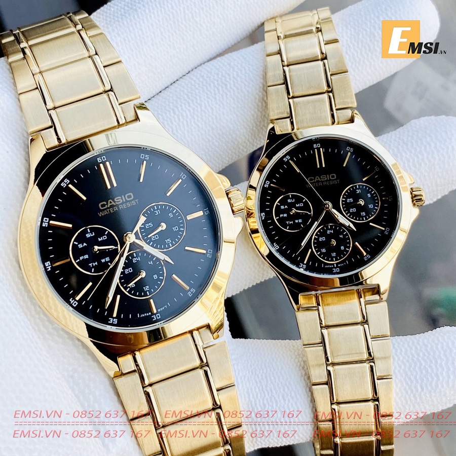 Đồng hồ cặp đôi CASIO MTP-V300G-1A và LTP-V300G-1A Dây Kim Loại - Mặt Đen EMSI.VN