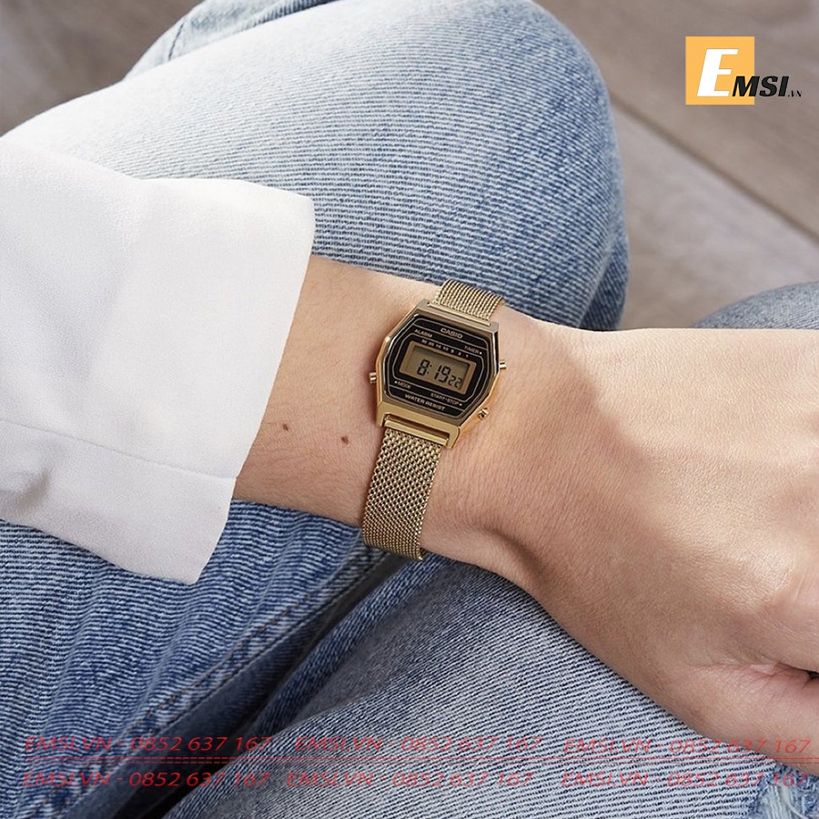 Đồng hồ casio nữ - dây lưới gold LA690WEMY-1DF 28X26MM - Emsi.vn