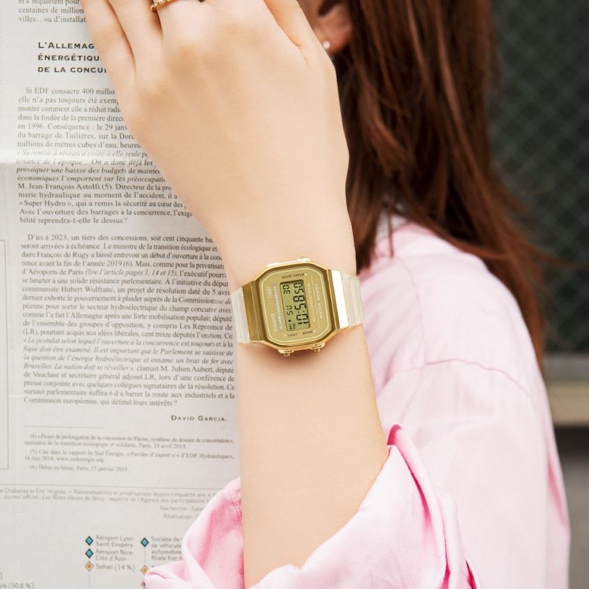 A168XESG-9A | Nam - Nữ Trẻ Trung | Đồng Hồ | CASIO | Dây Nhựa Trong | Mặt Vuông Cổ Điển | Chống Nước