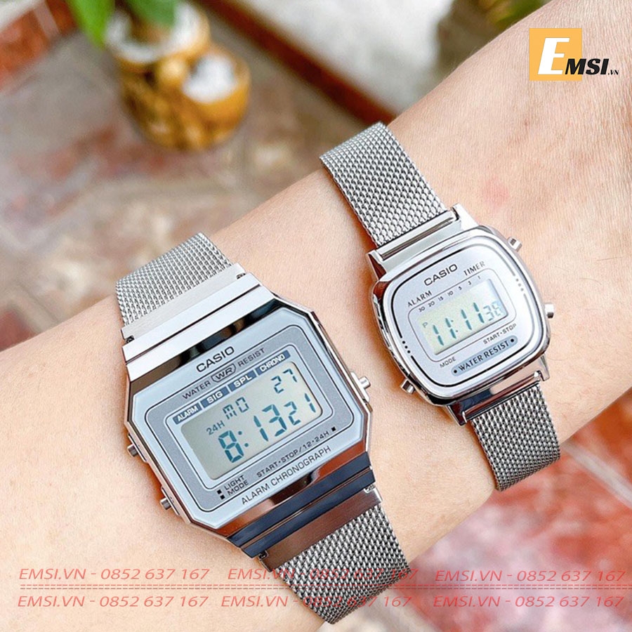 Đồng Hồ Casio Cặp Đôi A700WM-7ADF & LA670WEM-7DF Dây Kim Loại Dạng Lưới - Mặt Vuông Điện Tử - Chống Nước