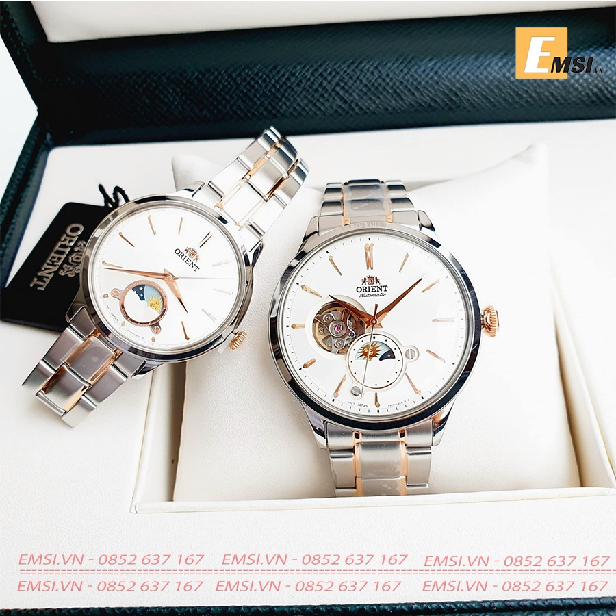 Đồng Hồ Cặp Orient Sun & Moon RA-AS0101S10B ( Nam ) / RA- KB0001S10B ( Nữ ) Automatic  Dây Sắt Demi Rose -Emsi.vn