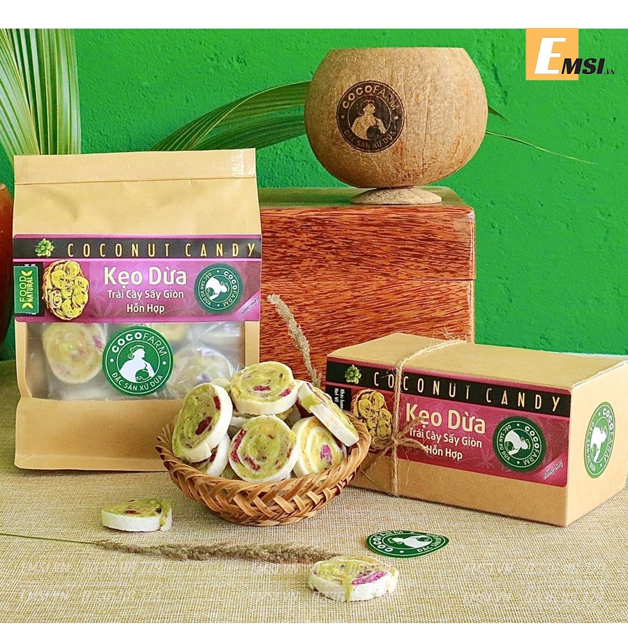 Đặc sản: Kẹo dừa trái cây sấy giòn cuộn bánh tráng Cocofarm