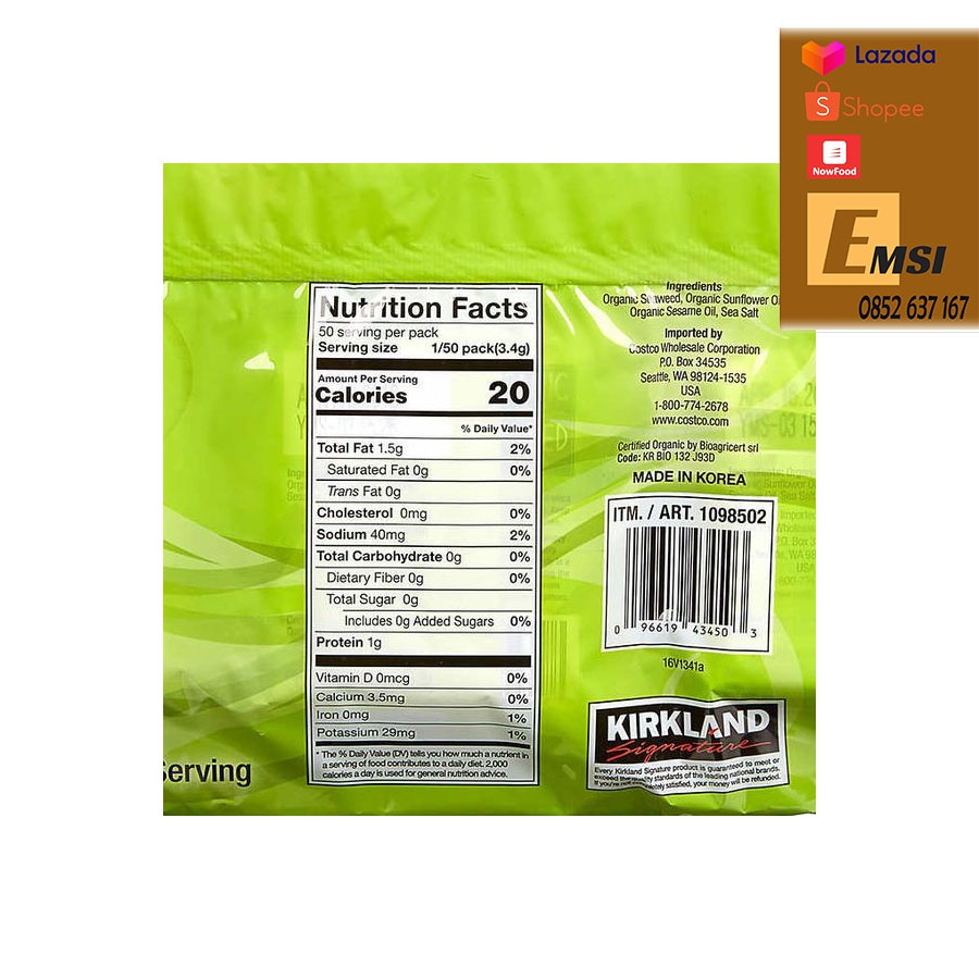 Rong biển sấy khô ăn liền Kirkland Organic Seaweed 17g