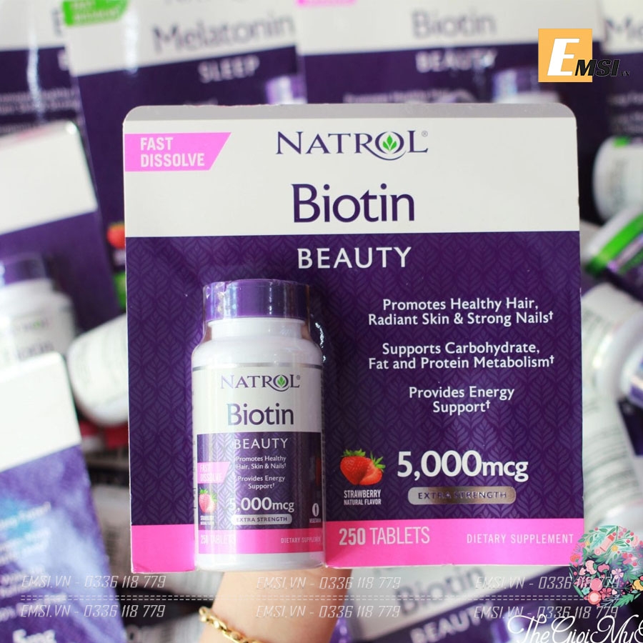 Thực phẩm chức năng Viên ngậm hương dâu Natrol Biotin Beauty 5000mcg Extra Strength