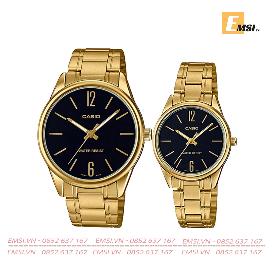 Đồng Hồ Cặp Đôi Casio MTP-V005G-1BUDF Và LTP-V005G-1BUDF Dây Kim Loại Mạ Vàng - Nền Mặt Màu Đen EMSI.VN