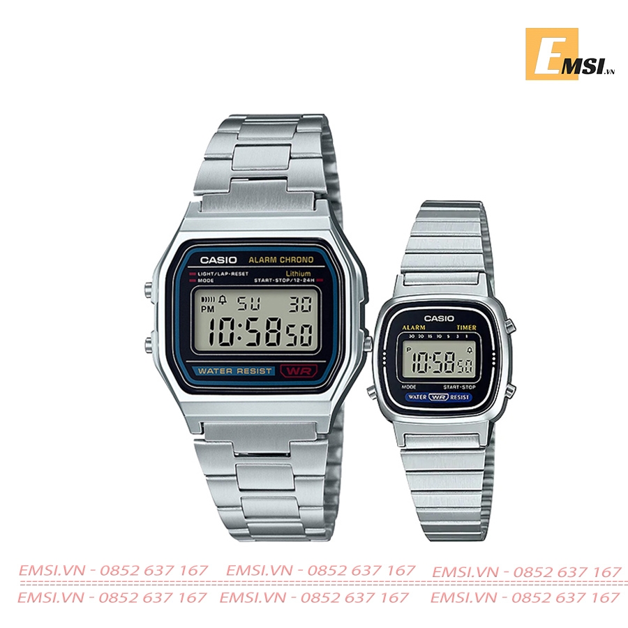 Đồng Hồ Casio Cặp Đôi A158WA-1DF & LA670WA-1DF Dây Kim Loại - Mặt Vuông Điện Tử - Chống Nước EMSI.VN