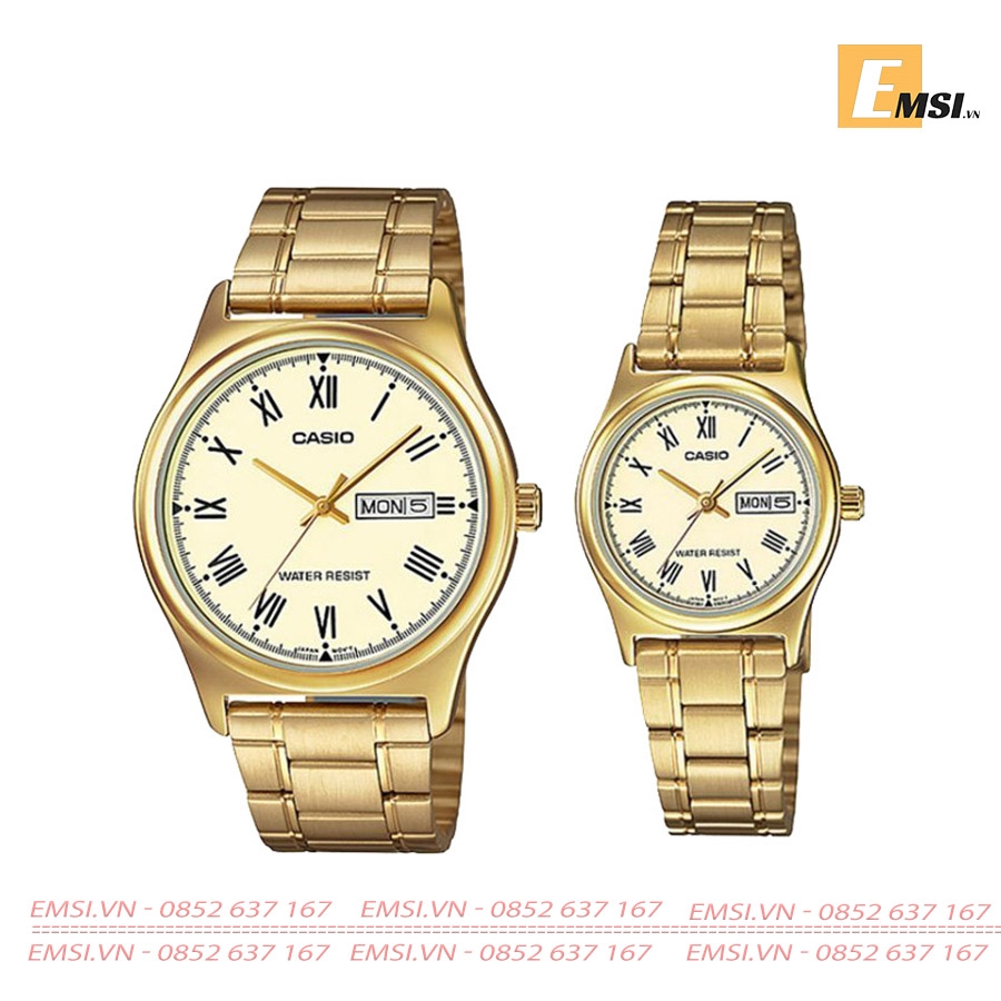 Đồng Hồ Cặp Đôi Casio MTP-V006G-9B và LTP-V006G-9B Dây Kim Loại Mạ Vàng Mặt Số La Mã EMSI.VN