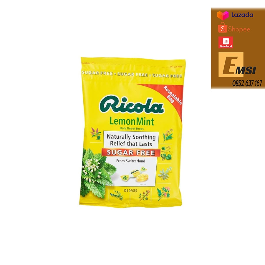 Kẹo ngậm trị ho Ricola Lemon Mint Sugar Free 105 Drops từ thảo mộc