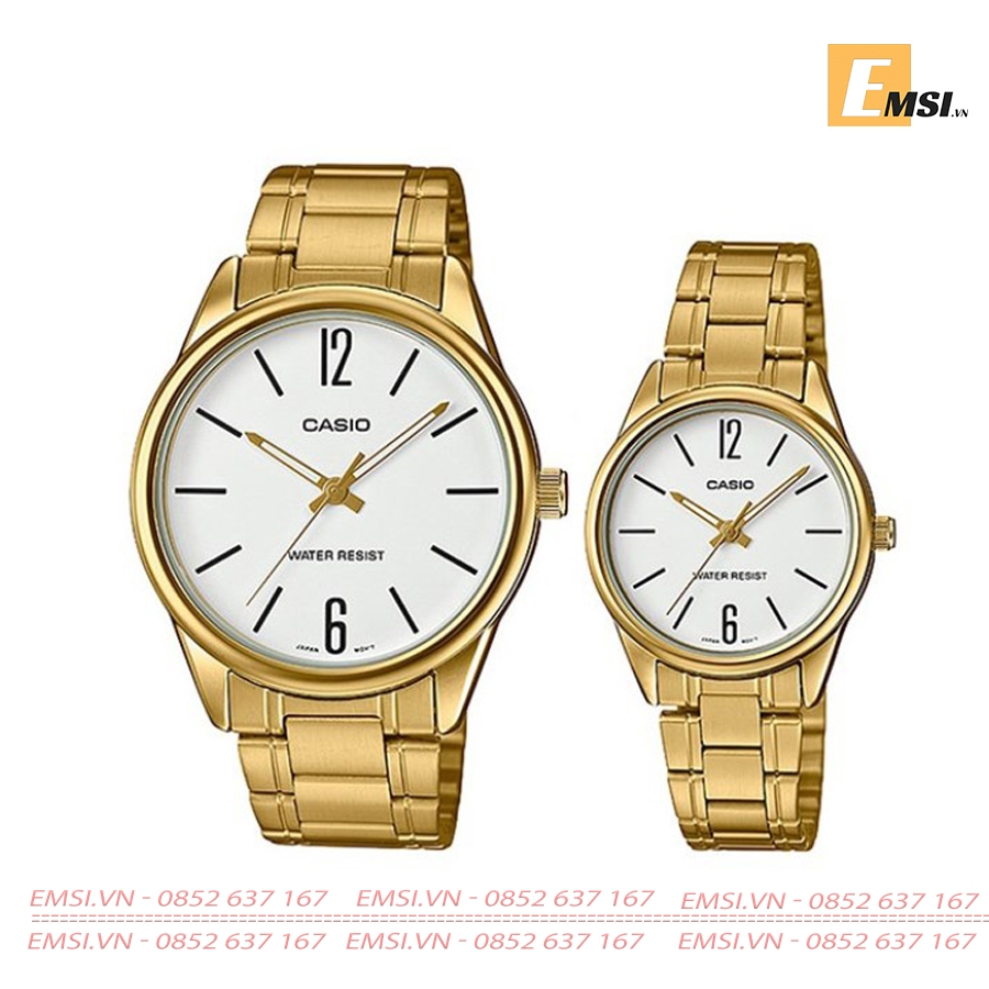 Đồng Hồ Casio Cặp Đôi MTP-V005G-7BUDF & LTP-V005G-7BUDF Dây Kim Loại Mạ Vàng - Chống Nước EMSI.VN
