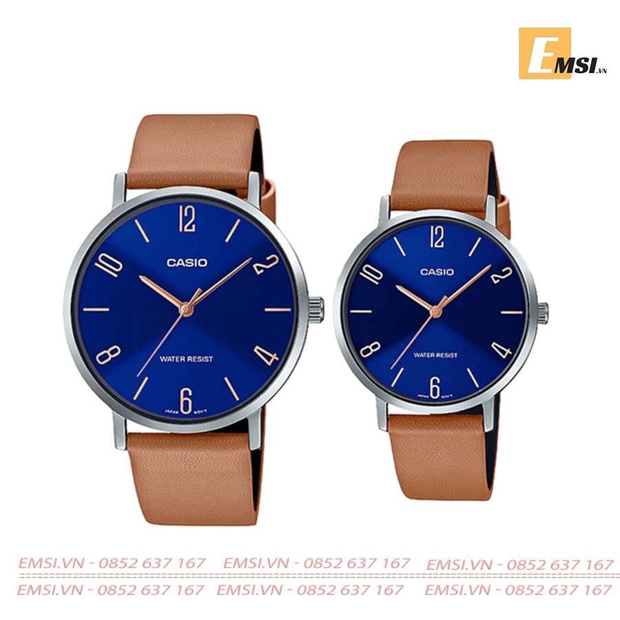 Đồng Hồ Casio Cặp Đôi MTP-VT01L-2B2UDF & LTP-VT01L-2B2UDF Dây Da - Mặt Số - Chống Nước