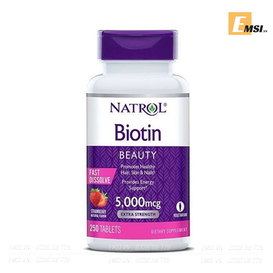 Thực phẩm chức năng Viên ngậm hương dâu Natrol Biotin Beauty 5000mcg Extra Strength