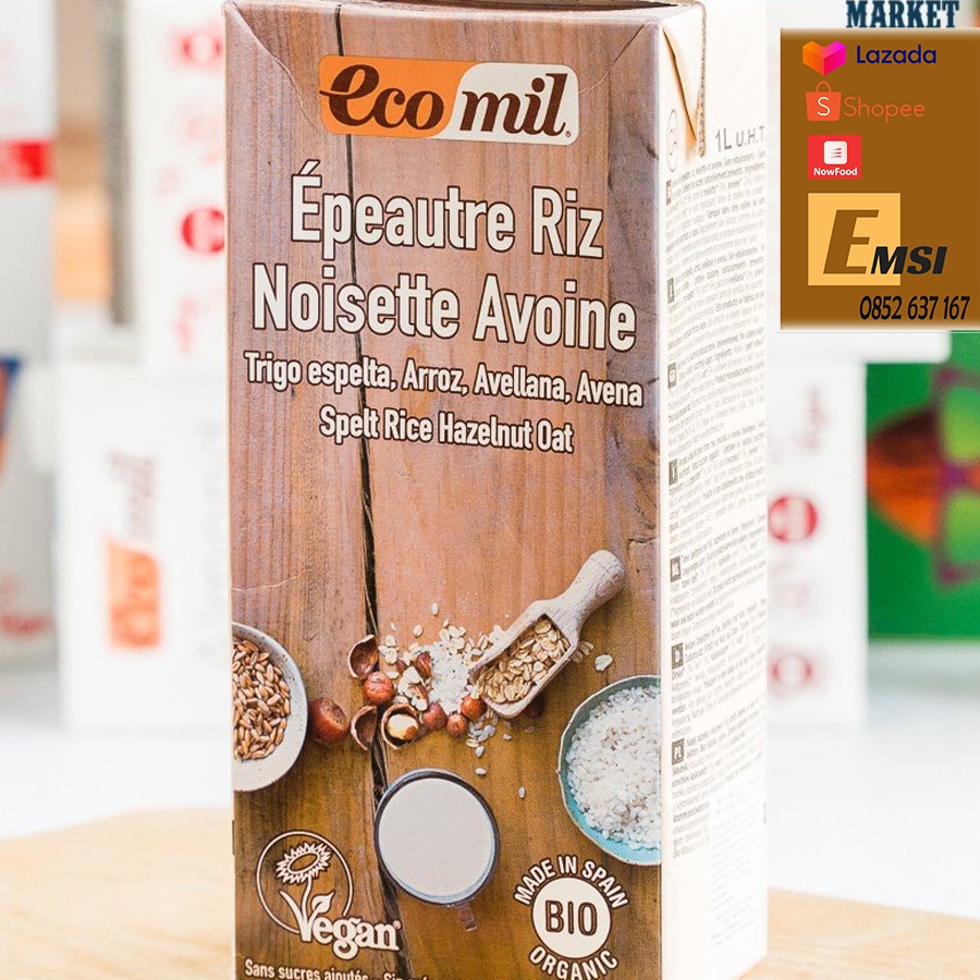 Nước uống từ lúa mì yến mạch và hạt phỉ không thêm đường hữu cơ 1L - ECOMIL