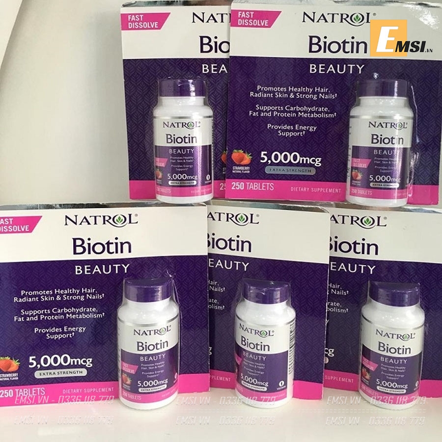 Thực phẩm chức năng Viên ngậm hương dâu Natrol Biotin Beauty 5000mcg Extra Strength