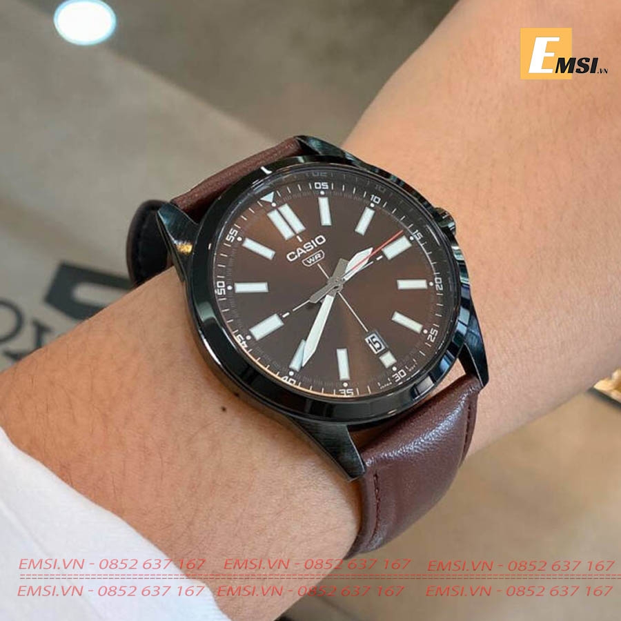 MTP-VD02BL-5E | Đồng Hồ Casio | Nam | Dây Da Màu Nâu | Vỏ Mạ Ion Đen | Chống Nước - Emsi.vn