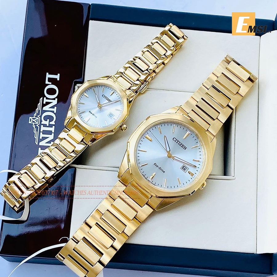 Đồng Hồ Cặp Citizen BM7492-57A EW2582-59A Pin Eco-Drive Dây Sắt Vàng Mặt Trắng Sapphire