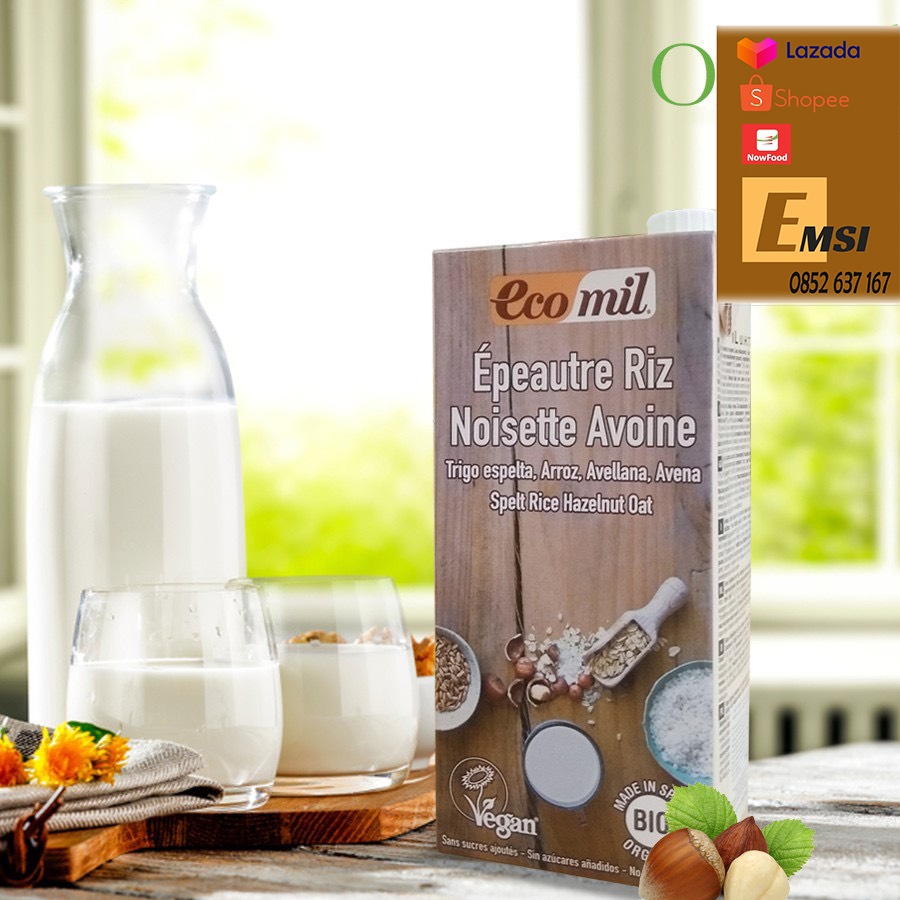 Nước uống từ lúa mì yến mạch và hạt phỉ không thêm đường hữu cơ 1L - ECOMIL