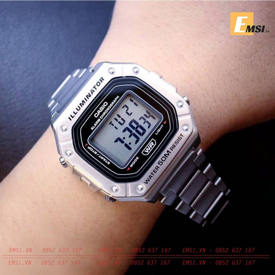 W-218HD-1AV | Nam | Dây Kim Loại | Mặt Vuông | Pin 7 Năm - Emsi.vn Đồng hồ chính hãng giá tốt