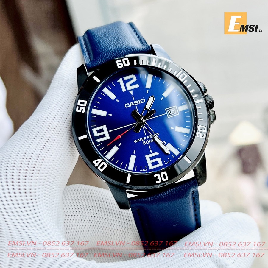 MTP-VD01BL-2BVUDF | Đồng Hồ Casio | Nam | Dây Da Màu Xanh | Vỏ Mạ Ion Đen | Chống Nước WR50M - Emsi.vn