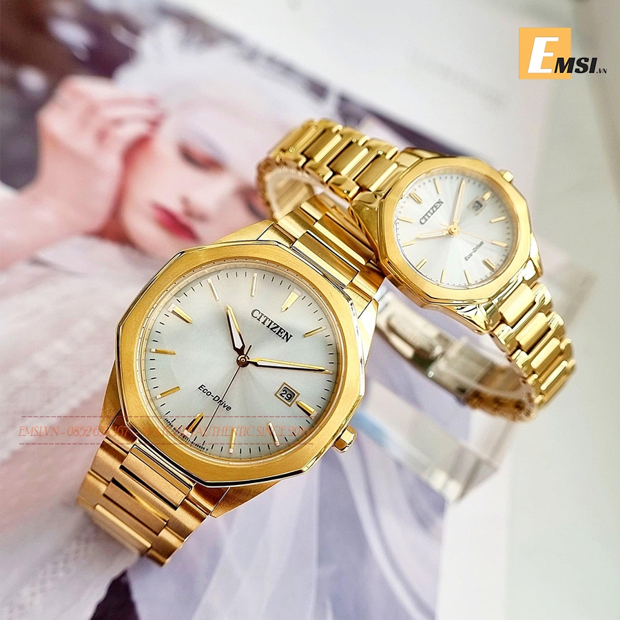 Đồng Hồ Cặp Citizen BM7492-57A EW2582-59A Pin Eco-Drive Dây Sắt Vàng Mặt Trắng Sapphire
