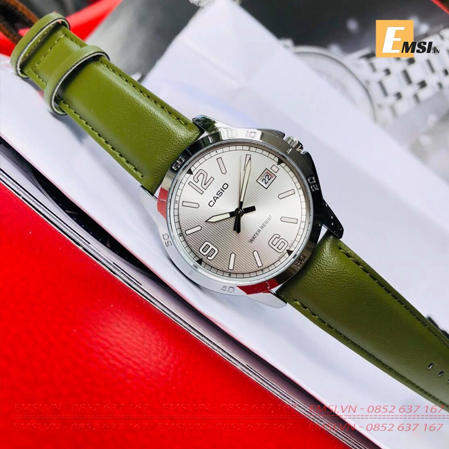 Đồng Hồ Casio Nam MTP-V004L-3BUDF Chống Nước - Dây Da Màu Xanh Rêu - Có Lịch Ngày
