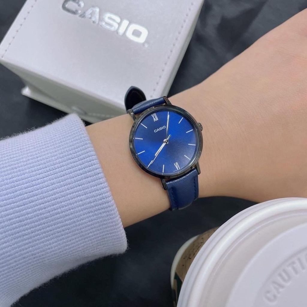 LTP-VT02BL-2A | Đồng Hồ Casio | Nữ | 3 Kim | Dây Da Màu Xanh | Vỏ Mạ Ion Đen | Chống Nước