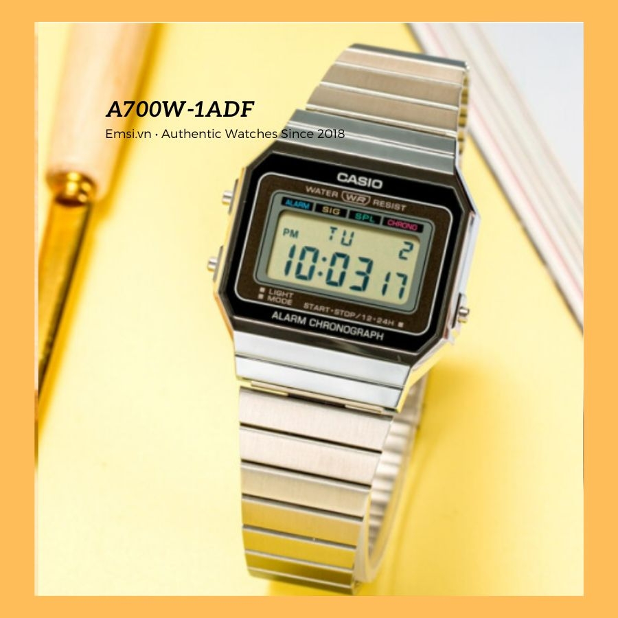 Casio A700W-1ADF - Đồng Hồ Unisex - Điện Tử - Kính Khoáng - Size Mặt 35.5mm EMSI.VN
