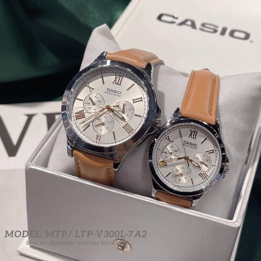 Đồng Hồ Cặp Đôi Casio MTP-V300L-7A2UDF Và LTP-V300L-7A2UDF Dây Da Màu Nâu - Chống Nước - Mặt Số La Mã EMSI.VN