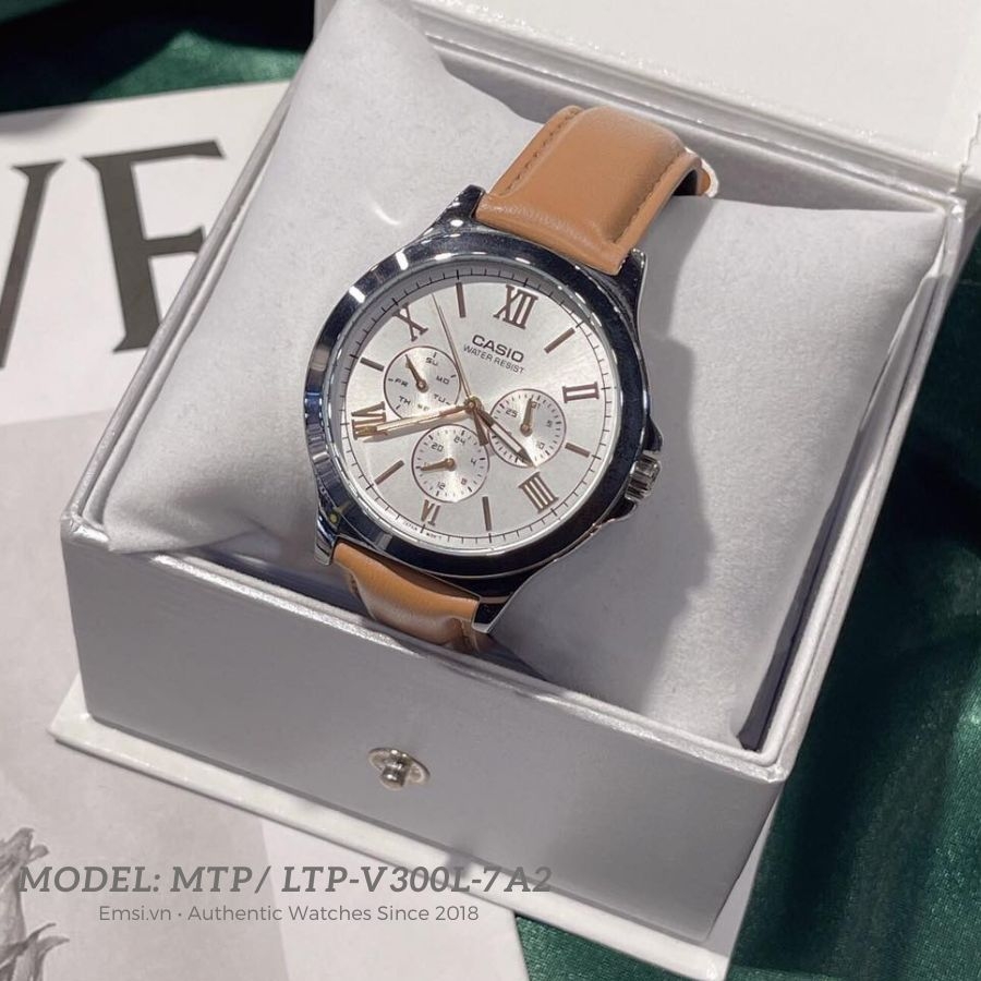 Đồng Hồ Cặp Đôi Casio MTP-V300L-7A2UDF Và LTP-V300L-7A2UDF Dây Da Màu Nâu - Chống Nước - Mặt Số La Mã EMSI.VN
