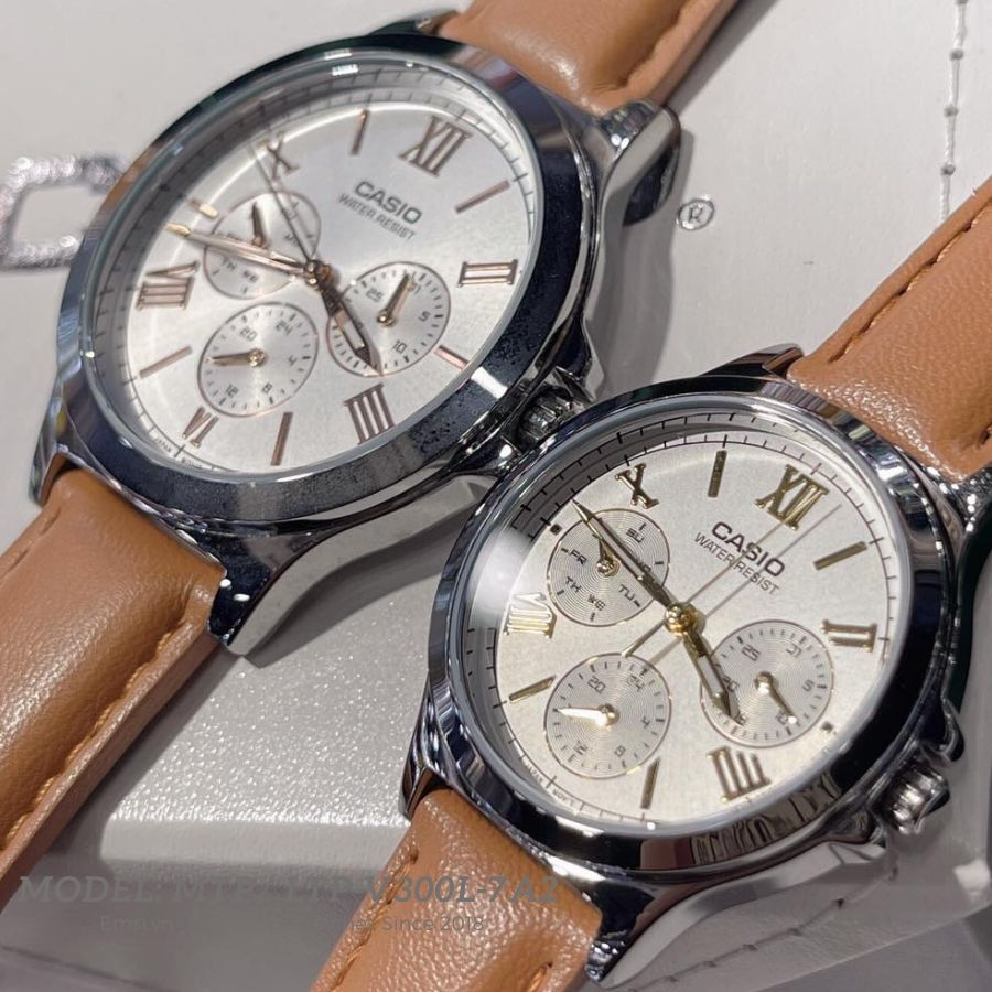 Đồng Hồ Cặp Đôi Casio MTP-V300L-7A2UDF Và LTP-V300L-7A2UDF Dây Da Màu Nâu - Chống Nước - Mặt Số La Mã EMSI.VN