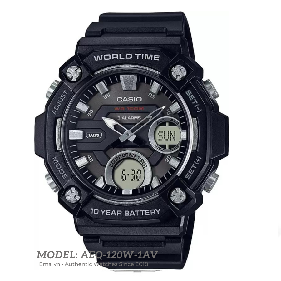 AEQ-120W-9AV | Đồng Hồ Casio | Nam | Dây Nhựa | Pin 10 Năm | Chống Nước WR100M