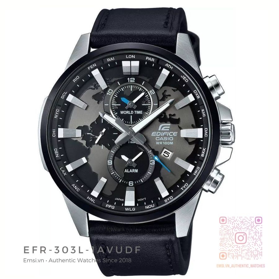 Đồng hồ EDIFICE CASIO 51.6 mm Nam EFR-303L-1AVUDF - Dây da đen - Mặt đồng hồ 6 kim màu đen lôi cuốn